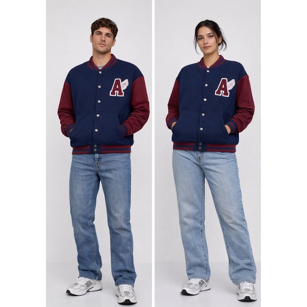 Varsity Jacket Letterman "A" Patch Snap Front Navy/Burgundy Unisex 2X